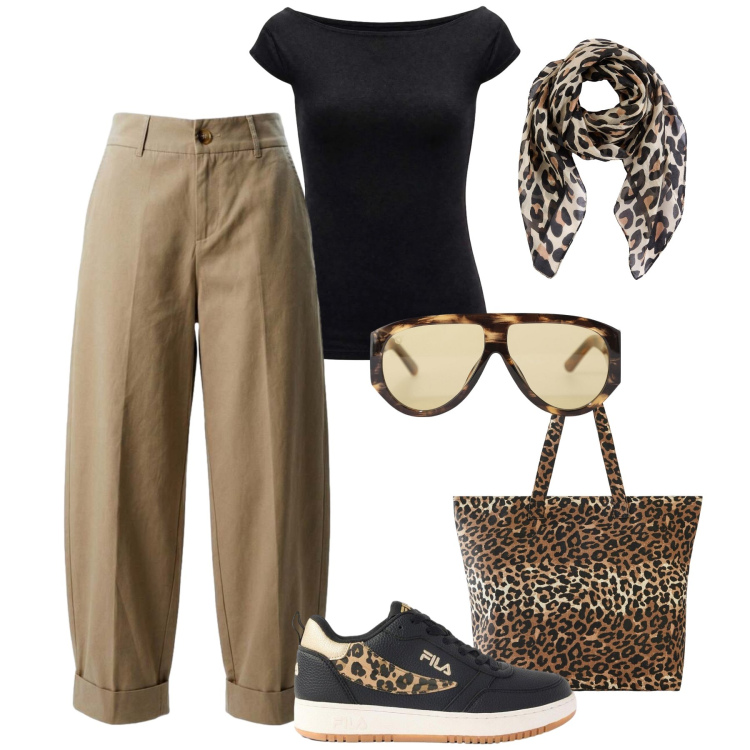 Outfit donna - I Am urban. Stile Urban per Tutti i giorni. Abbinamento con shopping bag, foulard, sneakers, pantaloni, top, occhiali da sole.