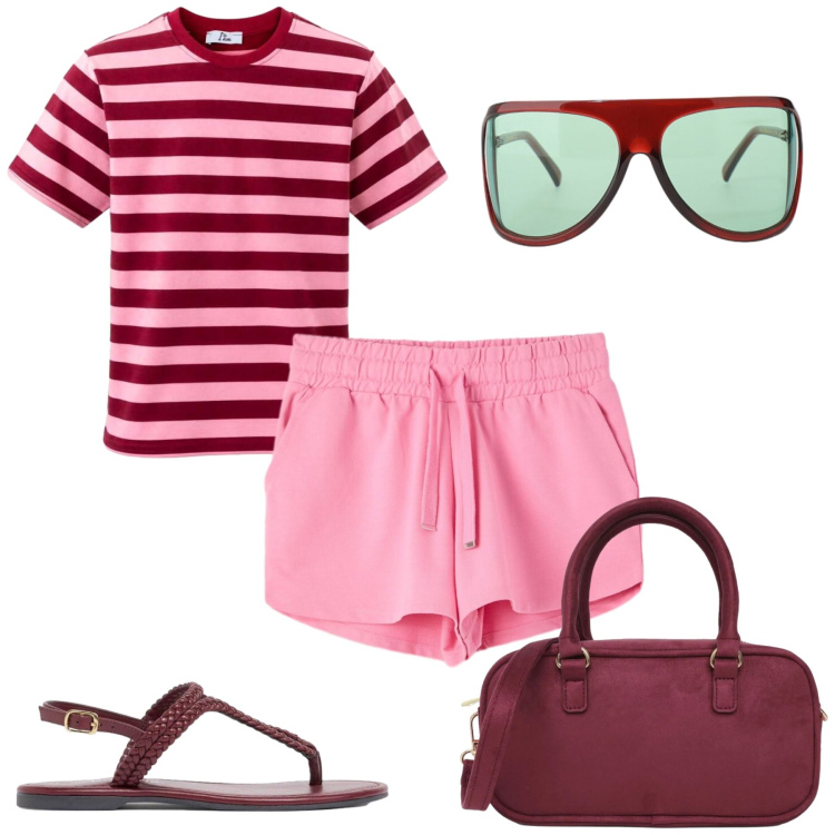 Outfit donna - Sportiva ad agosto. Stile Sporty chic per Tutti i giorni. Abbinamento con ciabatte, occhiali da sole, borse a tracolla, shorts, t-shirt.
