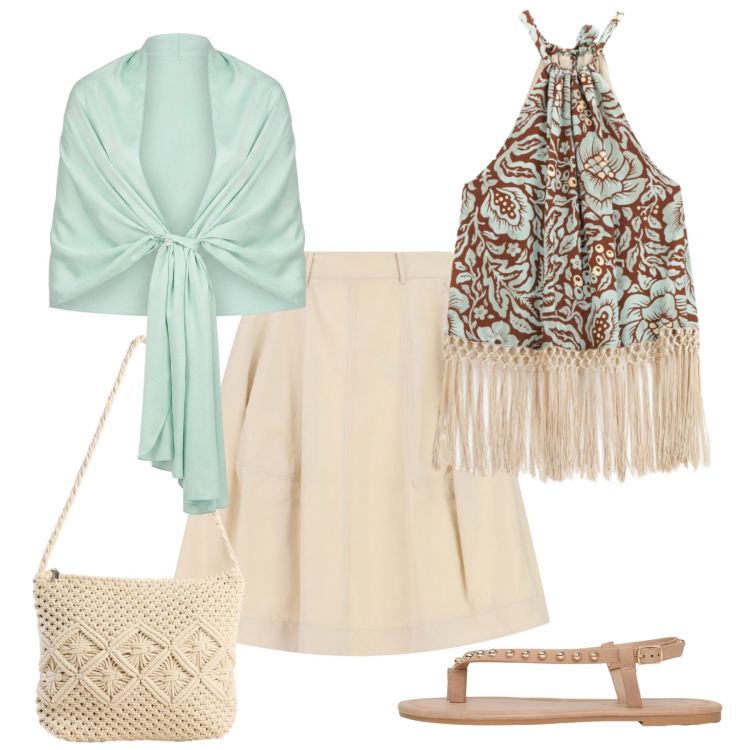 Outfit donna - Latte e menta. Stile Boho per Tutti i giorni. Abbinamento con borse a tracolla, ciabatte, gonne, top, stole.