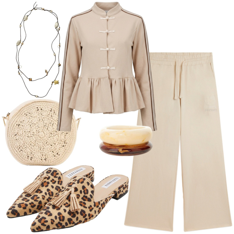 Outfit donna - Casual chic. Stile Casual chic per Tutti i giorni. Abbinamento con borse a tracolla, collane, braccialetti, camicie, sabot, pantaloni.