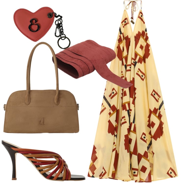 Outfit donna - Agosto etnico. Stile Etnico per Tutti i giorni. Abbinamento con cinture, borse a spalla, sandali col tacco, vestiti lunghi, portachiavi.