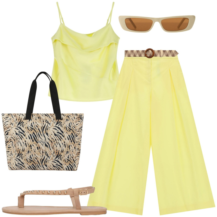 Outfit donna - Agosto. Stile Casual per Tutti i giorni. Abbinamento con canottiere, occhiali da sole, pantaloni a palazzo, cinture, ciabatte, shopping bag.