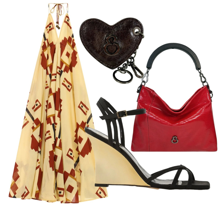 Outfit donna - Vacanze boho al mare. Stile Glamour per Serata fuori. Abbinamento con vestiti lunghi, sandali col tacco, borse a mano, portachiavi.