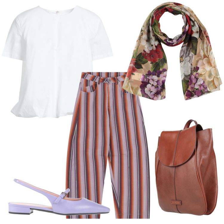 Outfit donna - Rientro con stile. Stile Casual chic per Tutti i giorni. Abbinamento con top, ballerine, sciarpe, zaini, pantaloni.