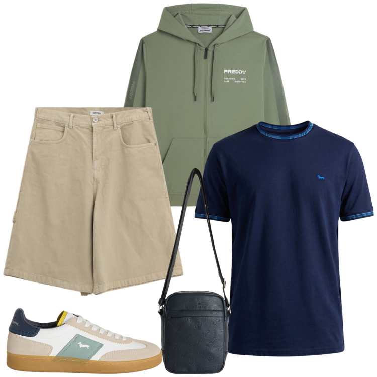 Outfit uomo - Total look #2455474. Stile Trendy per Tutti i giorni. Abbinamento con borse sportive, t-shirt, sneakers, bermuda, felpe con cappuccio.