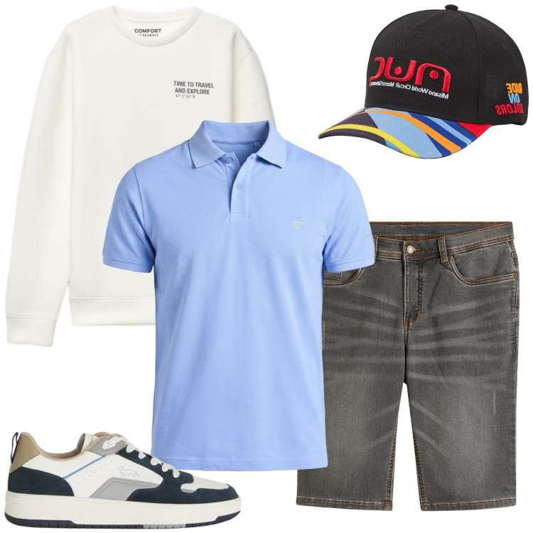 Outfit uomo - Total look #2455477. Stile Casual per Tutti i giorni. Abbinamento con bermuda, polo, sneakers, cappelli con visiera, felpe.