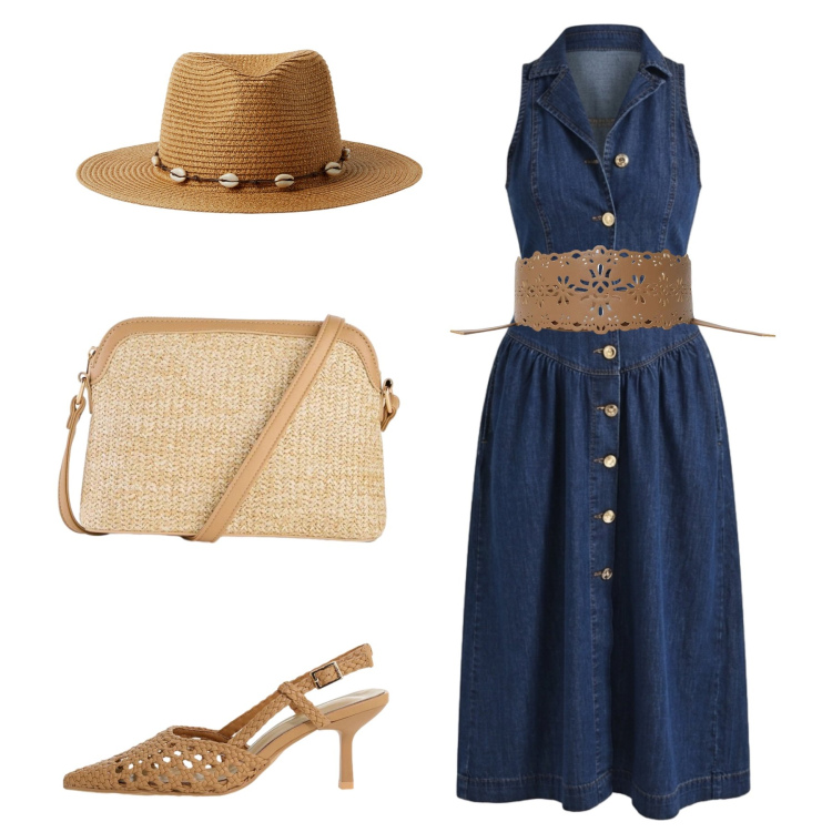 Outfit donna - Denim di fine estate. Stile Casual chic per Serata fuori. Abbinamento con borse a tracolla, décolleté, cinture, cappelli, vestiti chemisier.