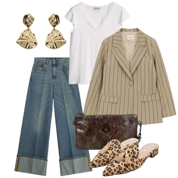 Outfit donna - Gessato caffè al rientro. Stile Casual chic per Tutti i giorni. Abbinamento con t-shirt, blazer, orecchini, jeans, sabot, pochette.