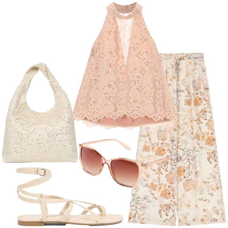 Outfit donna - Chic e casual. Stile Casual chic per Serata fuori. Abbinamento con occhiali da sole, sandali, canottiere, pantaloni a palazzo, borse a spalla.