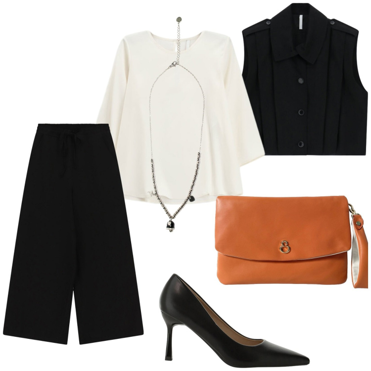 Outfit donna - Total look #2455489. Stile Bon Ton per Serata fuori. Abbinamento con top, gilet, décolleté, pantaloni a palazzo, ciondoli, pochette.