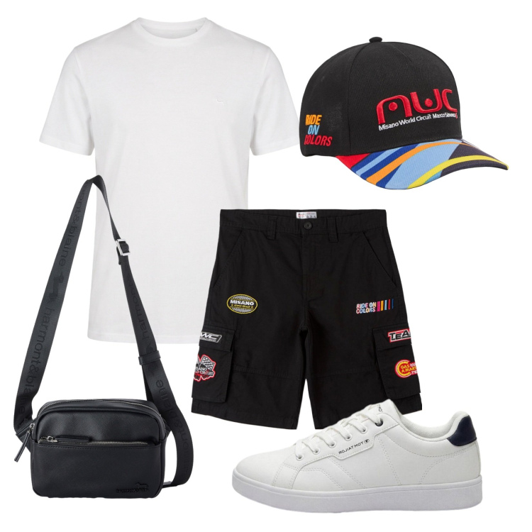 Outfit uomo - Total look #2455491. Stile Casual per Tutti i giorni. Abbinamento con sneakers, t-shirt, borse sportive, cappelli con visiera, bermuda.