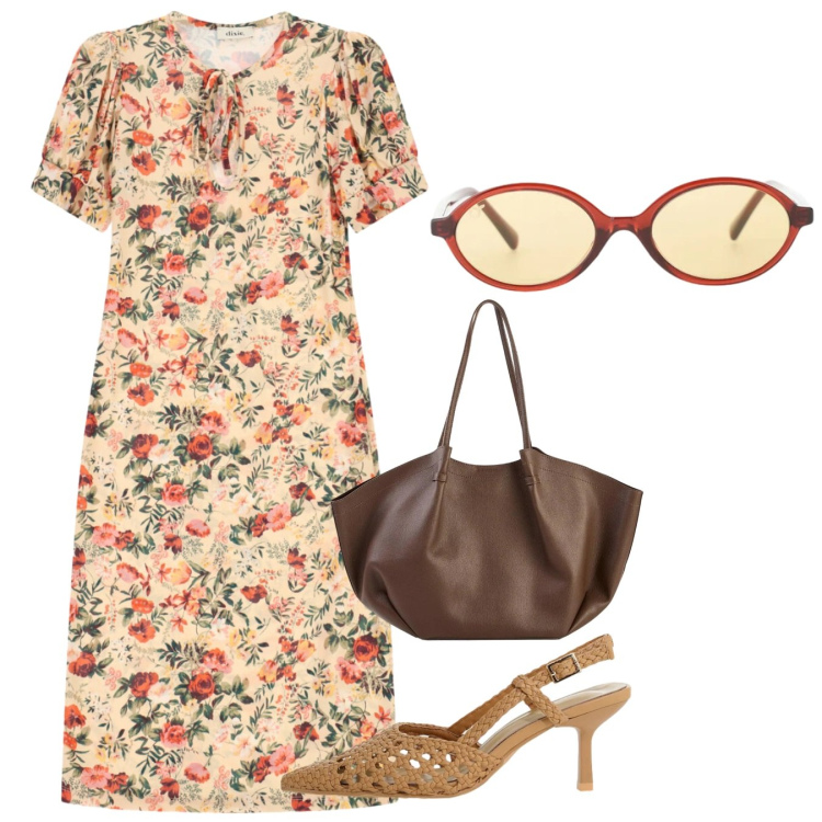 Outfit donna - Agosto. Stile Bon Ton per Tutti i giorni. Abbinamento con shopping bag, décolleté, occhiali da sole, vestiti midi/longuette.