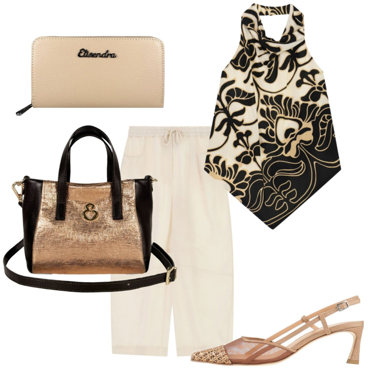 Outfit donna - Total look #2455494. Stile Casual chic per Serata fuori. Abbinamento con décolleté, top, pantaloni, borse a mano, portafogli.
