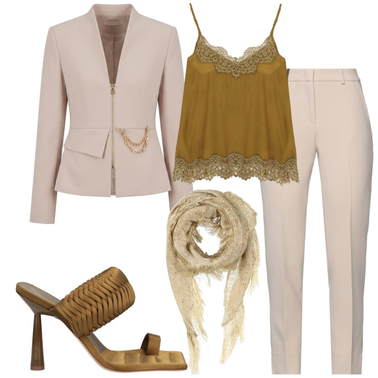 Outfit donna - Completo. Stile Casual chic per Tutti i giorni. Abbinamento con pantaloni, stole, ciabatte, top, blazer.
