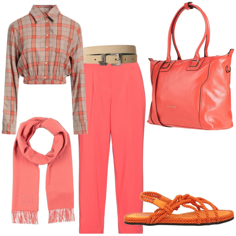 Outfit donna - Corallo. Stile Casual per Tutti i giorni. Abbinamento con espadrillas, camicie, sciarpe, zaini, pantaloni, cinture.