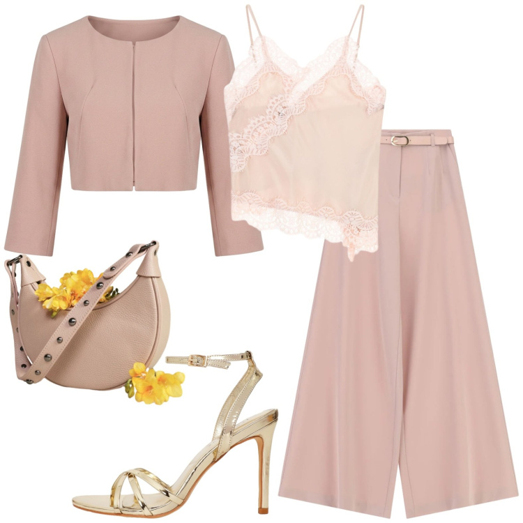 Outfit donna - Serata. Stile Casual chic per Serata fuori. Abbinamento con pantaloni a palazzo, borse a spalla, top, sandali col tacco, blazer.