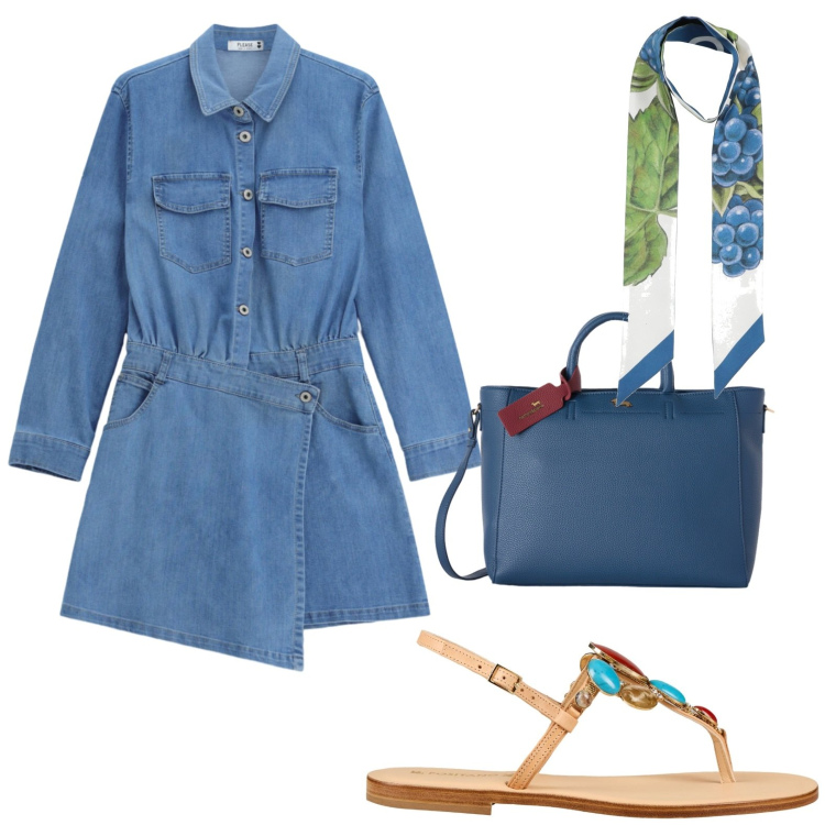 Outfit donna - Denim. Stile Casual per Tutti i giorni. Abbinamento con sciarpe, infradito, vestiti asimmetrici, borse a mano.
