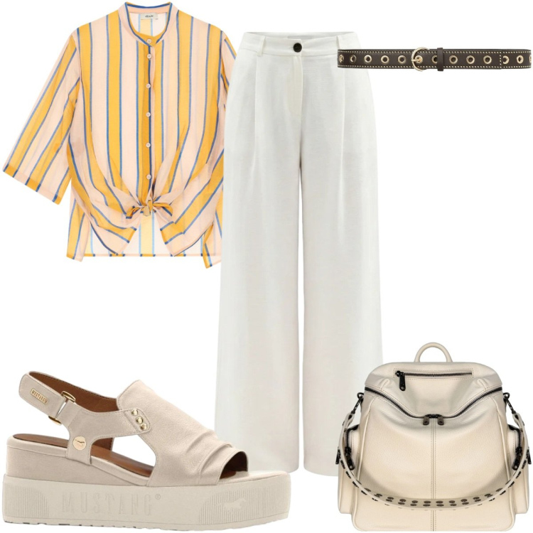 Outfit donna - A righe: la camicia. Stile Trendy per Tutti i giorni. Abbinamento con sandali, camicie, cinture, pantaloni a palazzo, zaini.