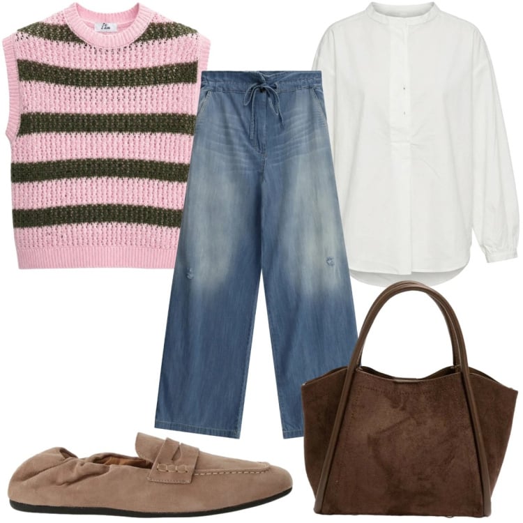 Outfit donna - A righe: il gilet. Stile Casual per Tutti i giorni. Abbinamento con maglieria, camicie, jeans, borse a spalla, mocassini.
