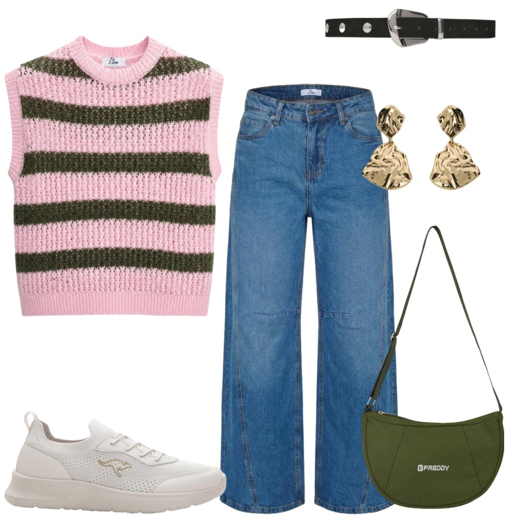 Outfit donna - Total look #2455534. Stile Casual chic per Tutti i giorni. Abbinamento con sneakers, orecchini, cinture, maglieria, jeans, borse a spalla.
