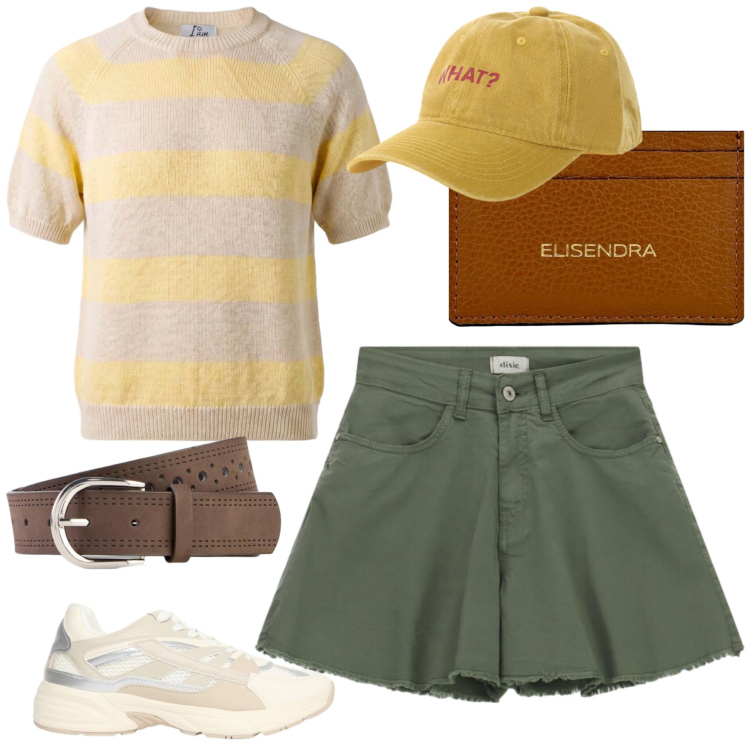 Outfit donna - Total look #2455536. Stile Casual chic per Tutti i giorni. Abbinamento con cinture, cappelli con visiera, shorts, sneakers, maglieria, portafogli.