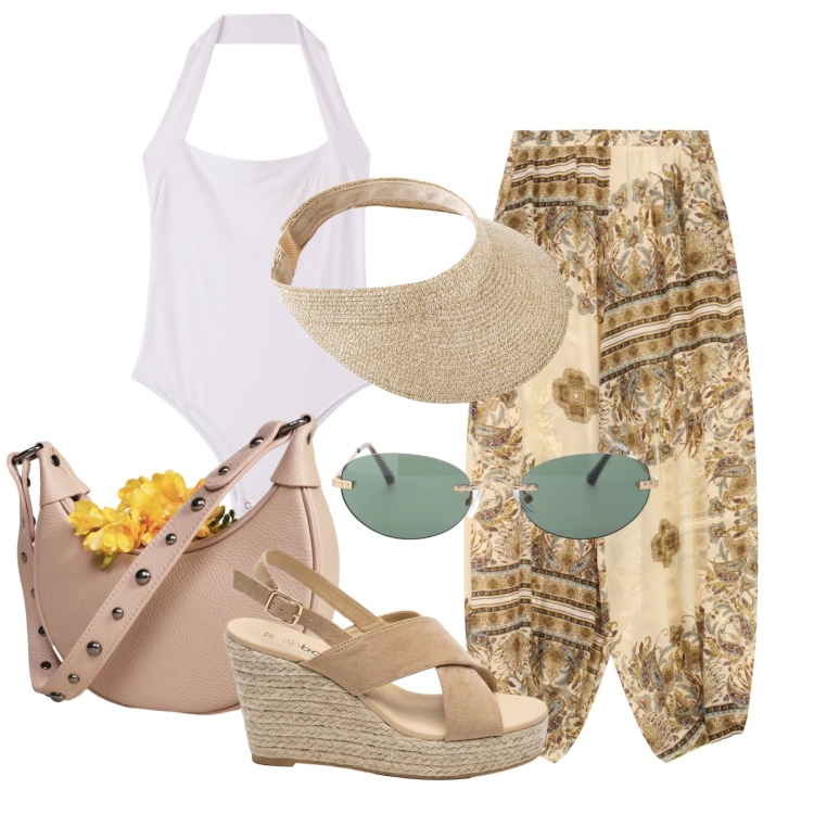 Outfit donna - Agosto. Stile Boho per Tutti i giorni. Abbinamento con cappelli con visiera, sandali col tacco, body, pantaloni, borse a spalla, occhiali da sole.