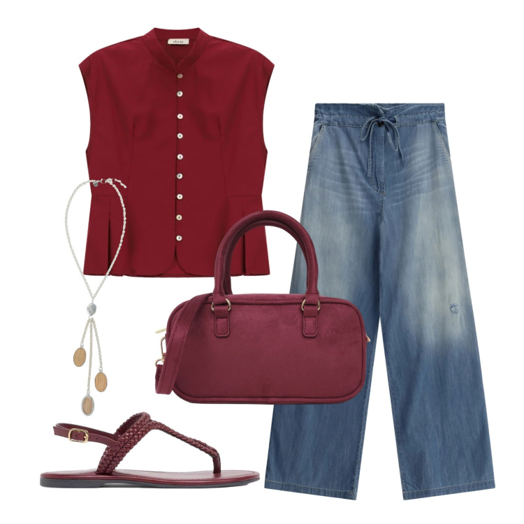 Outfit donna - Agosto. Stile Casual per Tutti i giorni. Abbinamento con ciabatte, borse a tracolla, jeans, collane, camicie a manica corta.