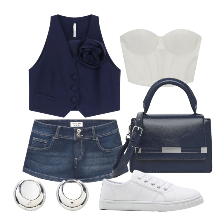 Outfit donna - Agosto. Stile Trendy per Tutti i giorni. Abbinamento con sneakers, orecchini, borse a spalla, shorts, gilet, top.