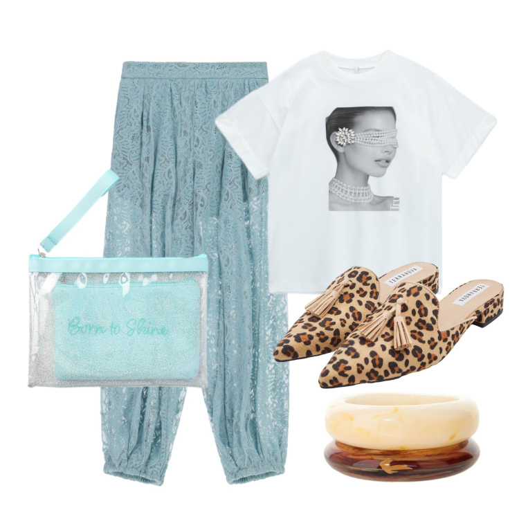 Outfit donna - Agosto. Stile Trendy per Tutti i giorni. Abbinamento con sabot, pochette, pantaloni a palazzo, t-shirt, braccialetti.