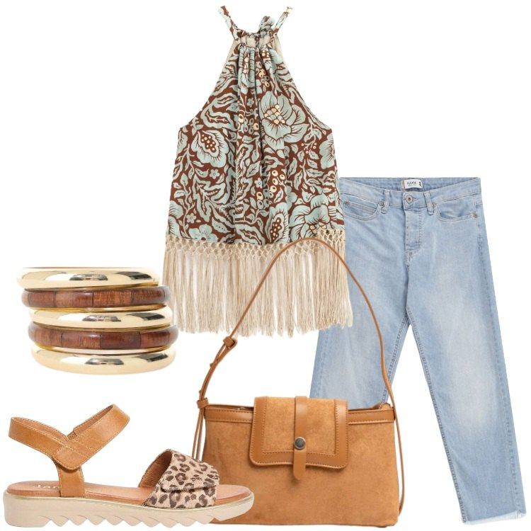 Outfit donna - Ultimi giorni d’estate. Stile Etnico per Tutti i giorni. Abbinamento con sandali, top, braccialetti, jeans, borse a tracolla.