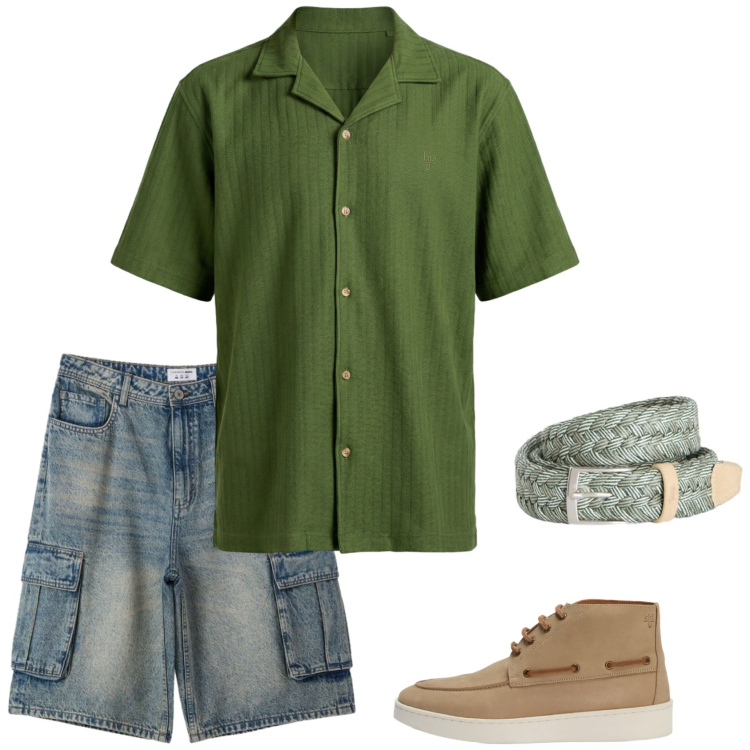 Outfit uomo - Borghi. Stile Trendy per Tutti i giorni. Abbinamento con camicie a manica corta, cinture, stivali e stivaletti, pantaloni corti.