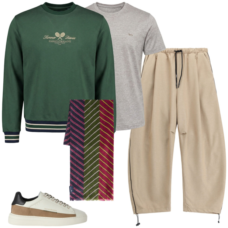 Outfit uomo - Rilassato. Stile Casual per Tutti i giorni. Abbinamento con felpe, t-shirt, sciarpe, sneakers, pantaloni.