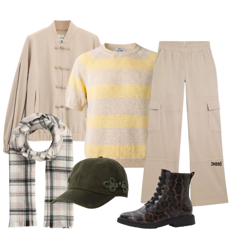 Outfit donna - Immersa nel verde delle montagne. Stile Casual per Tutti i giorni. Abbinamento con stivaletti, sciarpe, maglieria, bomber, cappelli, pantaloni cargo.