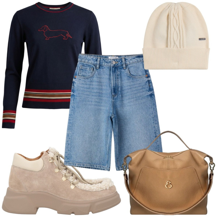 Outfit donna - Agosto: sono in montagna. Stile Basic per Tutti i giorni. Abbinamento con stivaletti, maglieria, bermuda, berretti, borse a mano.