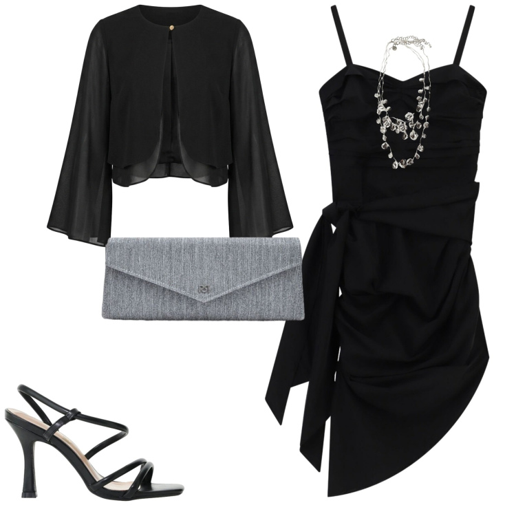 Outfit donna - Total black. Stile Chic per Serata fuori. Abbinamento con pochette, sandali col tacco, vestiti asimmetrici, collane, blazer.