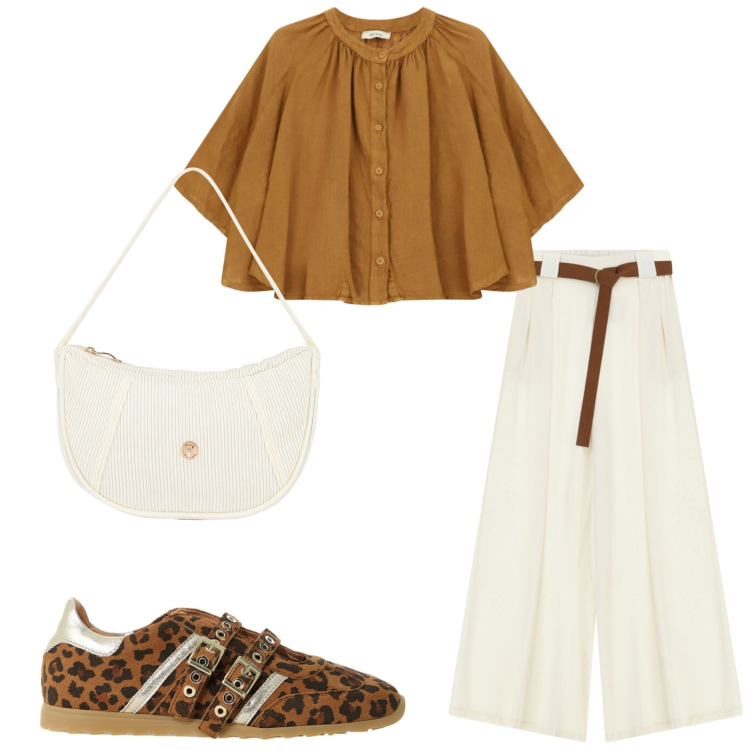 Outfit donna - Ritorno in città. Stile Casual chic per Tutti i giorni. Abbinamento con pantaloni a palazzo, sneakers, camicie, borse a mano.