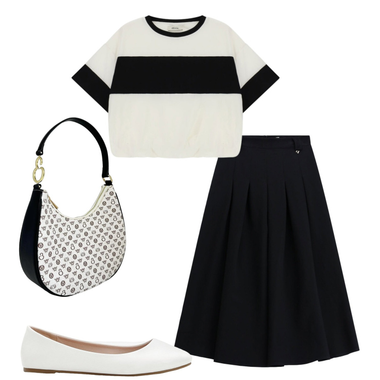Outfit donna - In città. Stile Casual chic per Ufficio. Abbinamento con ballerine, t-shirt, gonne longuette, borse a spalla.