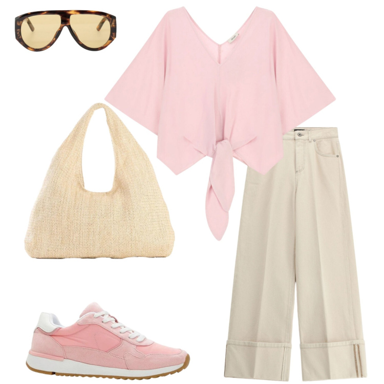 Outfit donna - Tutti i giorni. Stile Casual per Tutti i giorni. Abbinamento con shopping bag, sneakers, occhiali da sole, bluse, pantaloni a palazzo.