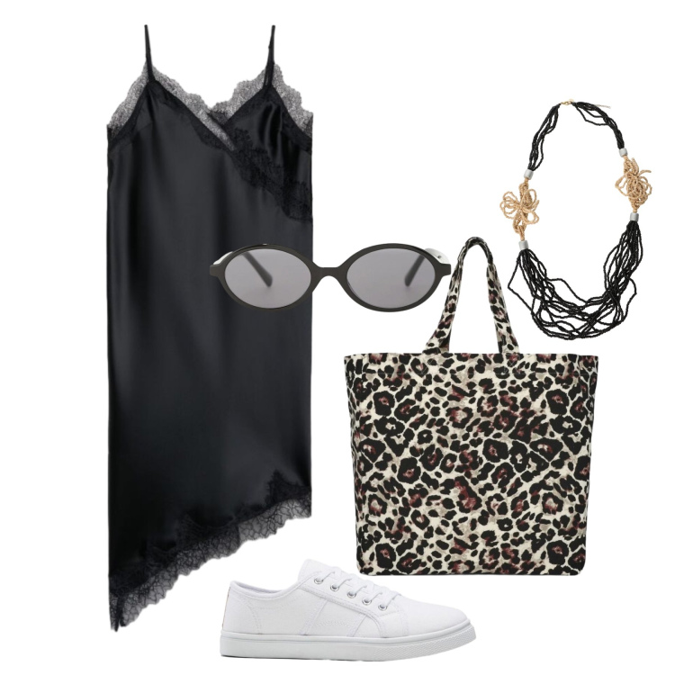 Outfit donna - Agosto. Stile Trendy per Tutti i giorni. Abbinamento con sneakers, shopping bag, vestiti asimmetrici, occhiali da sole, collane.