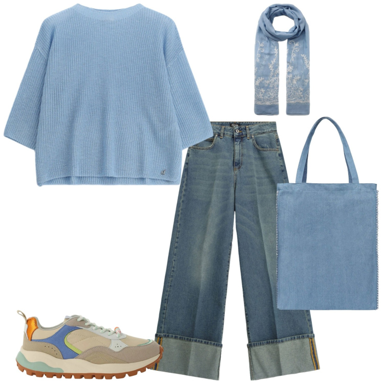 Outfit donna - Temporale d\'agosto. Stile Casual per Tutti i giorni. Abbinamento con borse tote, sciarpe, jeans, maglieria, sneakers.