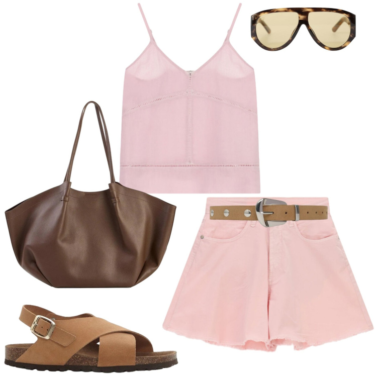 Outfit donna - Rosa confetto. Stile Casual per Tutti i giorni. Abbinamento con shopping bag, sandali in pelle, cinture, occhiali da sole, shorts, top.