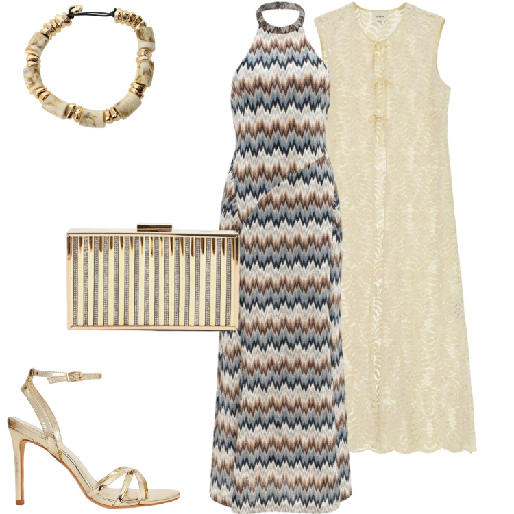 Outfit donna - Cerimonia estiva. Stile Chic per Cerimonia. Abbinamento con braccialetti, gilet, sandali col tacco, vestiti lunghi, clutch.