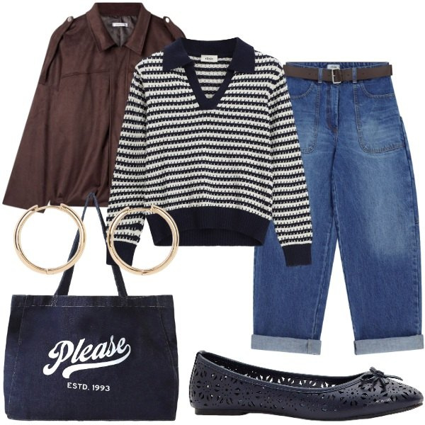 Outfit donna - Marinière Modern: Denim & Righe Navy. Stile Casual chic per Tutti i giorni. Abbinamento con ballerine, orecchini, cappotti, shopping bag, pullovers, jeans.