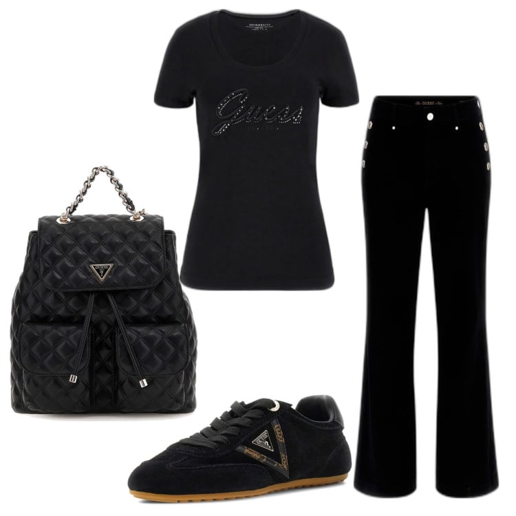 Outfit mujer - Total black. Estilo Basic para Todos los días. Combinación con mochilas, sneakers, vaqueros pata de elefante, camiseta.