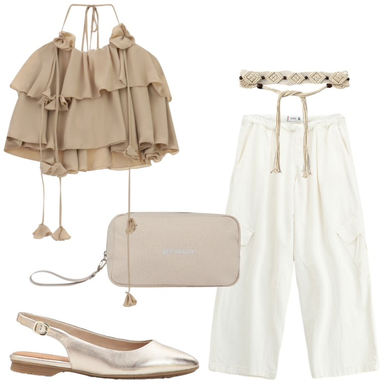 Outfit donna - Top con volant e dettagli laccetti. Stile Casual per Tutti i giorni. Abbinamento con ballerine, cinture, valigie, top, pantaloni a palazzo.