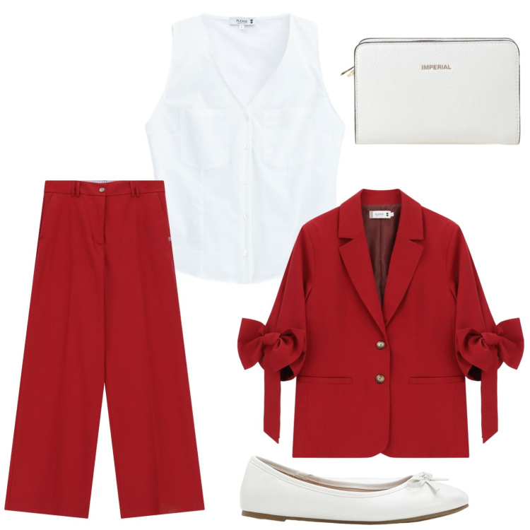 Outfit donna - Blazer con fiocchi. Stile Glamour per Tutti i giorni. Abbinamento con ballerine, camicie, blazer, pantaloni a palazzo, borse a tracolla.