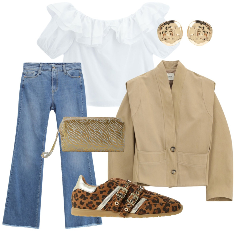 Outfit donna - Blusa scollo bardot. Stile Glamour per Tutti i giorni. Abbinamento con blazer, sneakers, orecchini, valigie, jeans, bluse.