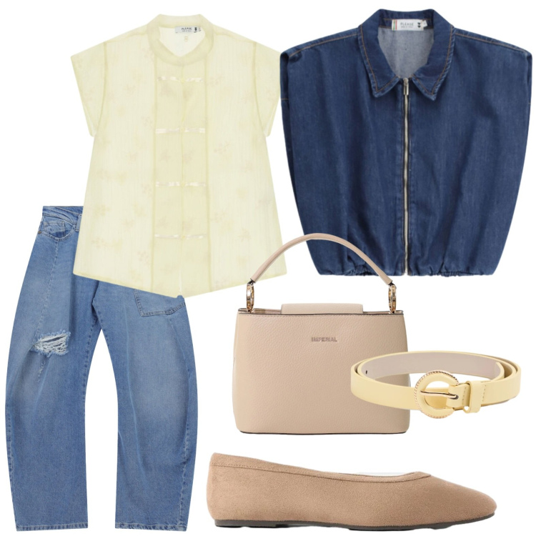 Outfit donna - Gilet cropped. Stile Basic per Tutti i giorni. Abbinamento con ballerine, cinture, jeans, gilet, camicie a manica corta, borse a secchiello.