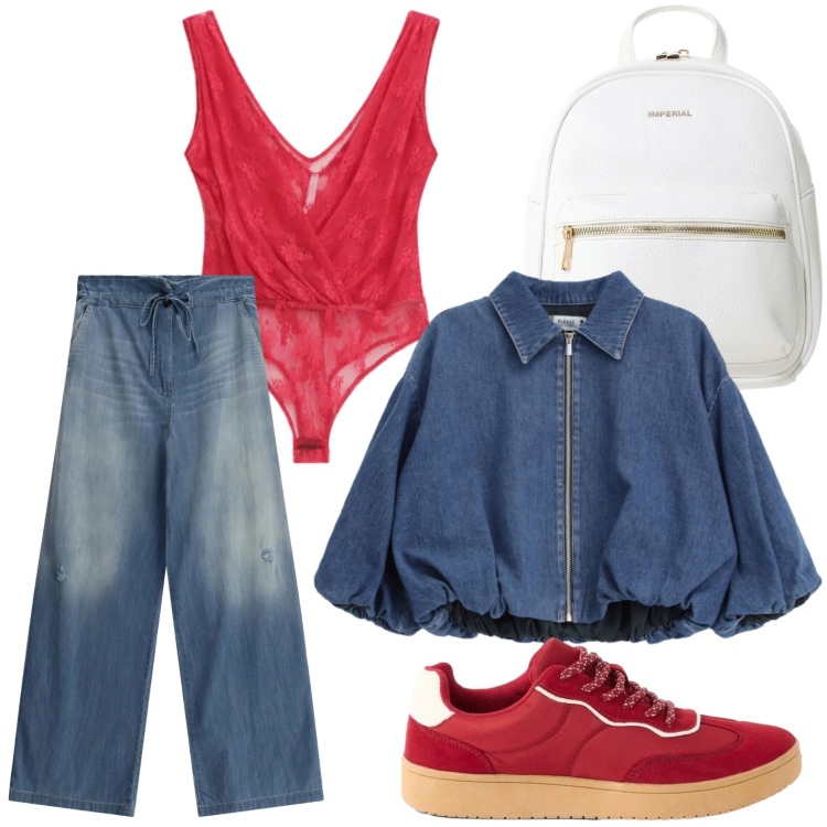 Outfit donna - Body incrociato. Stile Glamour per Tutti i giorni. Abbinamento con sneakers, blazer, jeans, top, zaini.