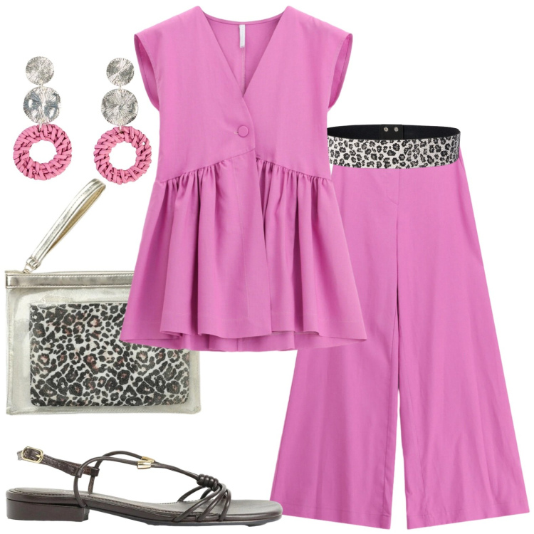 Outfit donna - Agosto. Stile Casual per Tutti i giorni. Abbinamento con orecchini, sandali, top, pantaloni a palazzo, cinture, pochette.